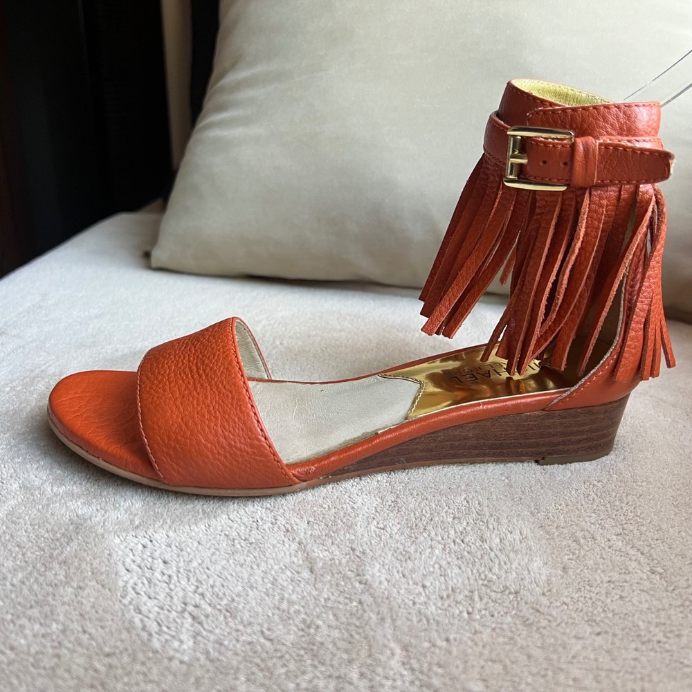 Michael Kors Women 5.5 M Orange Leather Fringe Ankle Wrap Wedge Sandals Boho - Picture 2 of 16